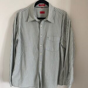Izod Men’s Smooth Cotton Long Sleeves Olive/White Striped Dress Shirt Size L